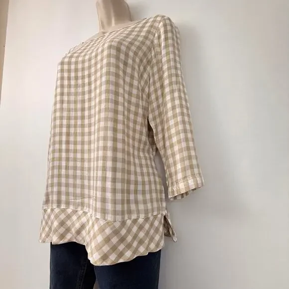 J.Jill tan and white gingham plaid long sleeve popover top - Picture 2 of 16